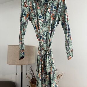 Floral Green Midi Dress with Tie